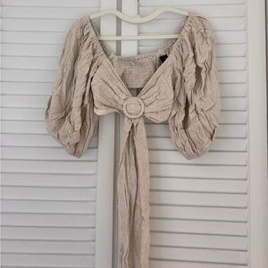 MINKPINK Beige Puff Sleeve Blouse with Ring Detail - XS